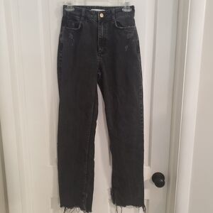 Zara Womens Distressed Black Jeans SIZE 2  Raw Hem Straight Leg High Rise Grunge